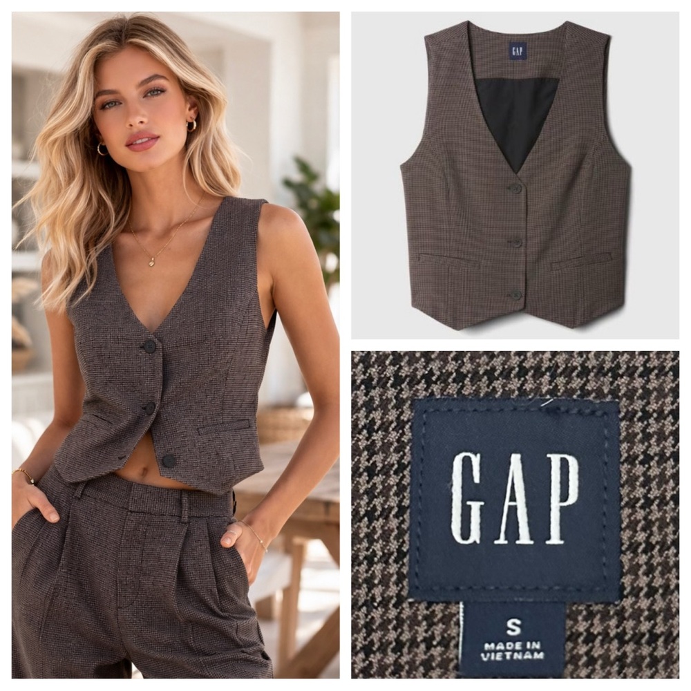 GAP Brown Cropped Waistcoat Vest houndstooth plaid Small 51656